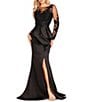 Color:Black - Image 1 - Embroidered Illusion Round Neck Long Sleeve Front Slit Ruffled Mermaid Gown