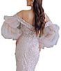Color:Blush - Image 4 - Embroidered Off-the-Shoulder Long Illusion Sleeve Mermaid Gown