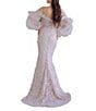 Color:Blush - Image 2 - Embroidered Off-the-Shoulder Long Illusion Sleeve Mermaid Gown