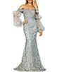 Color:Dark Silver - Image 1 - Embroidered Off-the-Shoulder Long Illusion Sleeve Mermaid Gown