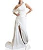 Color:White - Image 1 - Jacquard Asymmetrical One Shoulder Off-the-Shoulder Draped Gown