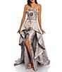 Color:Silver - Image 1 - Jacquard Sequin Strapless Sleeveless Side Slit Over Skirt Gown