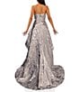 Color:Silver - Image 2 - Jacquard Sequin Strapless Sleeveless Side Slit Over Skirt Gown