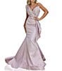 Color:Pink - Image 1 - Metallic Jacquard Strapless Sleeveless Mermaid Gown