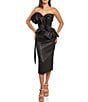 Color:Black - Image 1 - Metallic Strapless Sleeveless Ruffle Bodice Peplum Waist Midi Sheath Dress
