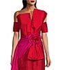 Color:Red Fuchsia - Image 3 - Mikado Asymmetrical One Shoulder Short Sleeve Bow Sash Gown