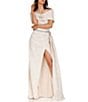 Color:Champagne - Image 1 - Flower Embellished Removable Shawl Strapless Beaded Brocade Thigh High Front Slit Gown