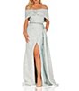 Color:Powder Blue - Image 1 - Flower Embellished Removable Shawl Strapless Beaded Brocade Thigh High Front Slit Gown