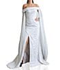 Color:Silver - Image 1 - Off-The-Shoulder Chiffon Long Cape Sleeves Jacquard Column Gown