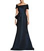 Terani Couture Off-The-Shoulder Ruffle Front Metallic Jacquard Mermaid Gown, Color:Navy - Image 1