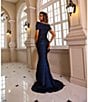 Terani Couture Off-The-Shoulder Ruffle Front Metallic Jacquard Mermaid Gown, Color:Navy - Image 6