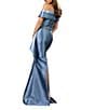 Terani Couture Off-The-Shoulder Ruffle Front Mikado Sheath Gown, Color:Denim Blue - Image 2