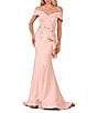 Color:Blush - Image 1 - Off-the-Shoulder Short Sleeve Peplum Beaded Applique Mermaid Gown