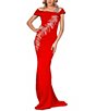 Color:Red - Image 1 - Off-the-Shoulder Short Sleeve Side Slit Cascading Leaf Bead Mermaid Gown