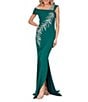 Color:Emerald - Image 1 - Off-the-Shoulder Short Sleeve Side Slit Cascading Leaf Bead Mermaid Gown