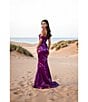 Terani Couture One Off-The-Shoulder Shimmer Sheath Gown, Color:Plum - Image 4