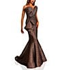 Terani Couture One Shoulder 3D Ruffle Front Front Jacquard Mermaid Gown, Color:Amber - Image 1