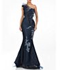 Color:Navy - Image 1 - One Shoulder Beaded Tulle Mermaid Gown