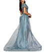 Color:Slate - Image 2 - One Shoulder Short Puffed Sleeve Pleated Front Slit Embellished Mermaid Dress