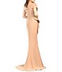 Color:Mocha - Image 2 - Pleated Off-the-Shoulder Short Sleeve Thigh High Slit Beaded Applique Gown