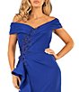 Color:Sapphire - Image 3 - Pleated Off-the-Shoulder Short Sleeve Thigh High Slit Beaded Applique Gown