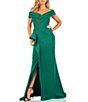 Color:Emerald - Image 1 - Pleated Off-the-Shoulder Short Sleeve Thigh High Slit Beaded Applique Gown