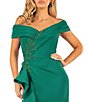 Color:Emerald - Image 3 - Pleated Off-the-Shoulder Short Sleeve Thigh High Slit Beaded Applique Gown