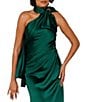 Color:Emerald - Image 3 - Satin Beaded Bow Halter Neckline Sleeveless Sheath Gown
