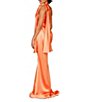 Color:Orange - Image 2 - Satin Beaded Bow Halter Neckline Sleeveless Sheath Gown