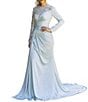 Color:Pistachio - Image 1 - Satin Jersey Beaded Illusion Round Neck Long Sleeve Gown