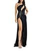 Terani Couture Sequin One Shoulder Open Front Embellished Sheath Long Dress, Color:Black - Image 1