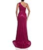 Terani Couture Sequin One Shoulder Open Front Embellished Sheath Long Dress, Color:Fuchsia - Image 2