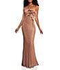 Color:Nude - Image 1 - Strapless Sleeveless Feather Embellished Mermaid Gown
