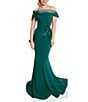 Color:Emerald - Image 1 - Stretch Satin Off-the-Shoulder Cap Sleeve Sash Gown