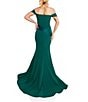 Color:Emerald - Image 2 - Stretch Satin Off-the-Shoulder Cap Sleeve Sash Gown