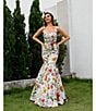 Terani Couture Sweetheart Neck Floral Printed Satin Sleeveless Mermaid Gown, Color:Ivory Multi - Image 3