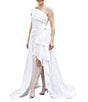 Terani Couture Taffeta One Shoulder Side Ruffle Hi-Low A-Line Gown - Image 1