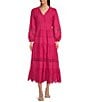 Terani Couture V-Neck Long Sleeve Button Front Eyelet Trim Midi Dress, Color:Bright Fuchsia - Image 1