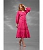 Terani Couture V-Neck Long Sleeve Button Front Eyelet Trim Midi Dress, Color:Bright Fuchsia - Image 4