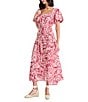 The Good Journey Linen Blend Printed Square Neck Puff Sleeve A-Line Midi Dress, Color:Cream/Brick - Image 3