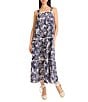 The Good Journey Linen Blend Tropical Print Square Neck Sleeveless Maxi Sheath Dress, Color:Navy/Cream - Image 1