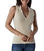 Color:Cream - Image 1 - League Solid Texture Knit Sleeveless Oversized Collar V-Neck Polo Tank Top