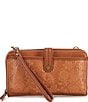Color:Tobacco Floral Embossed - Image 1 - Iris Large Embossed Leather Smartphone Gold Tone Crossbody Bag