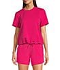 Color:Bright Pink - Image 1 - Knit Crew Neck Short Sleeve Cropped Drawstring Tie Tee Shirt
