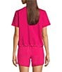 Color:Bright Pink - Image 2 - Knit Crew Neck Short Sleeve Cropped Drawstring Tie Tee Shirt