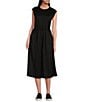 Color:Black - Image 1 - Knit Crew Neck Sleeveless Drawcord Waist Pleated Midi A-Line Dress