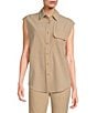 Color:Safari Tan - Image 1 - Tech SLK Performance Silk-Like Woven Point Collar Cap Sleeve Button-Front Shirt