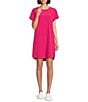 Color:Medium Pink - Image 1 - Tech Stretch Woven Crew Neck Short Sleeve Bungee Cord Cinched Waist Curved Hem T-Shirt Dress