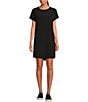 Color:Black - Image 1 - Tech Stretch Woven Crew Neck Short Sleeve Bungee Cord Cinched Waist Curved Hem T-Shirt Dress