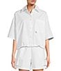 Color:White - Image 1 - Woven Tech Point Collar Short Sleeve Bungee Waist Cropped Tech Shacket